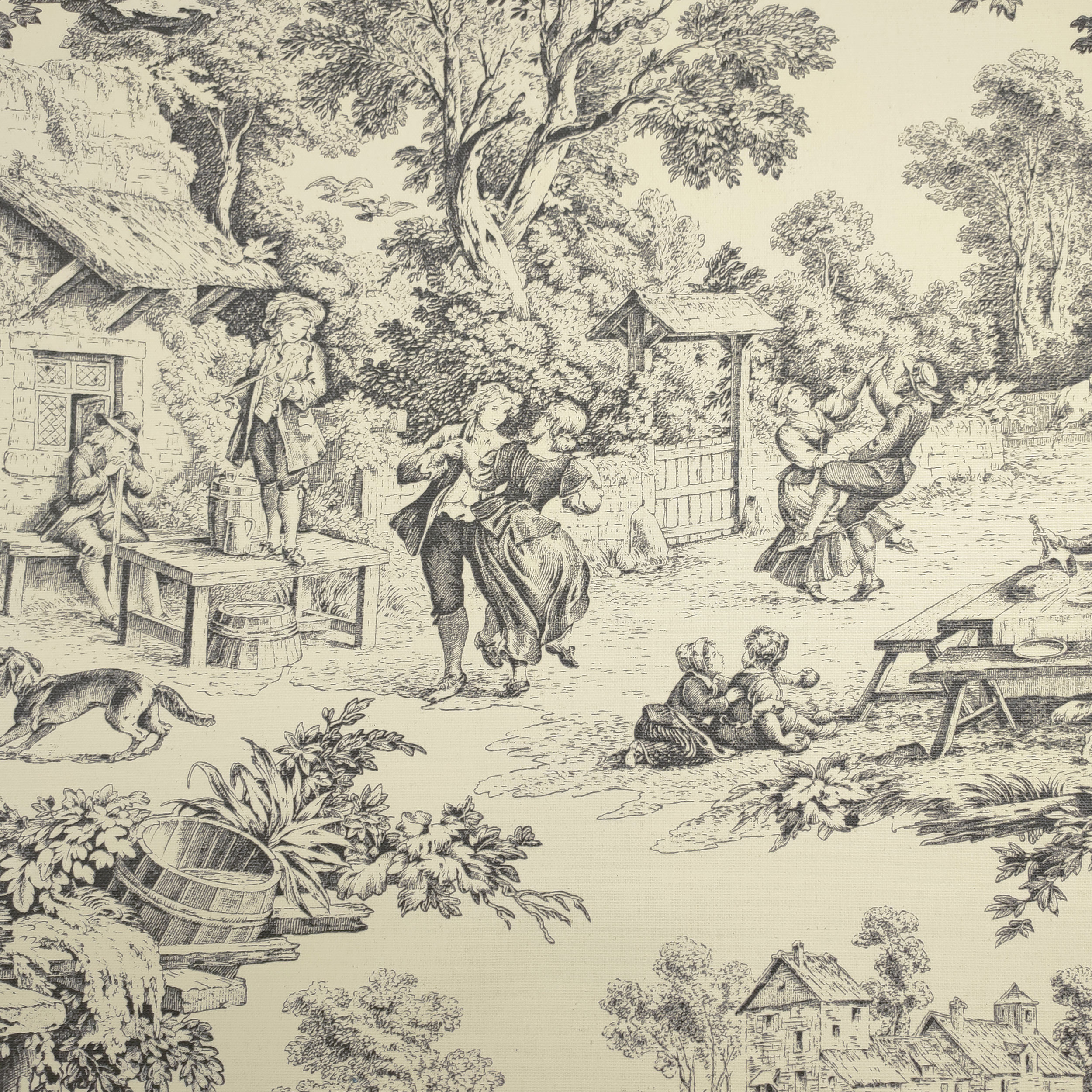 Tessuto Tovaglia Resinata Toile de Jouy Nero Sfondo Panna