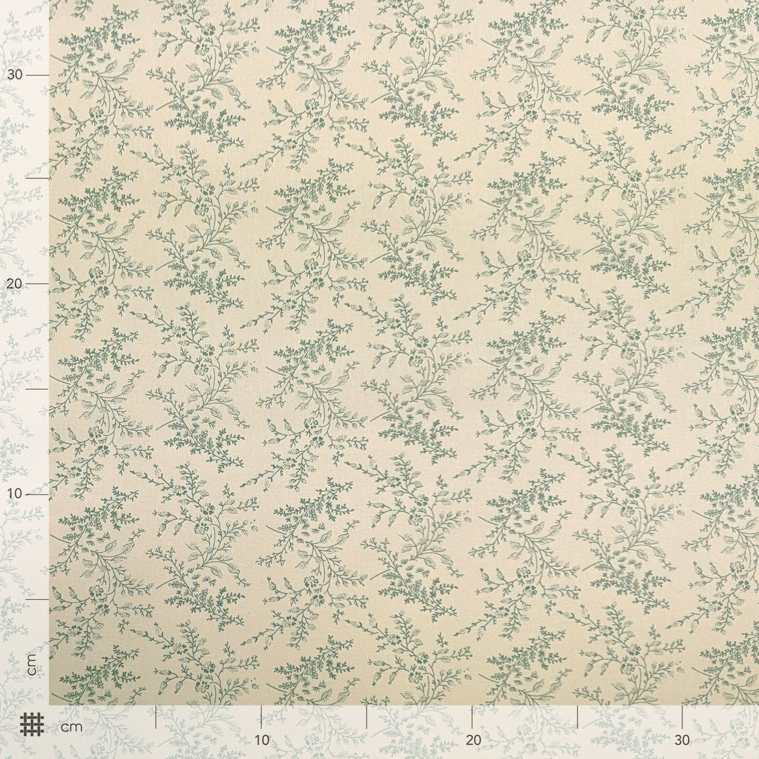 Popeline Cotone Stampa Vintage Rami e Fiori Verdi Image