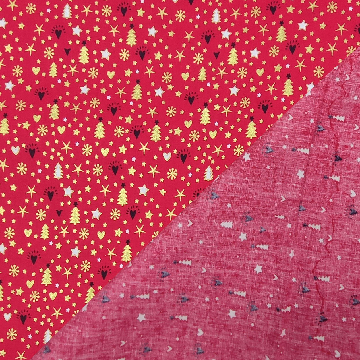 cotone-tessuto-alberi-e-stelline-dorate-sfondo-rosso