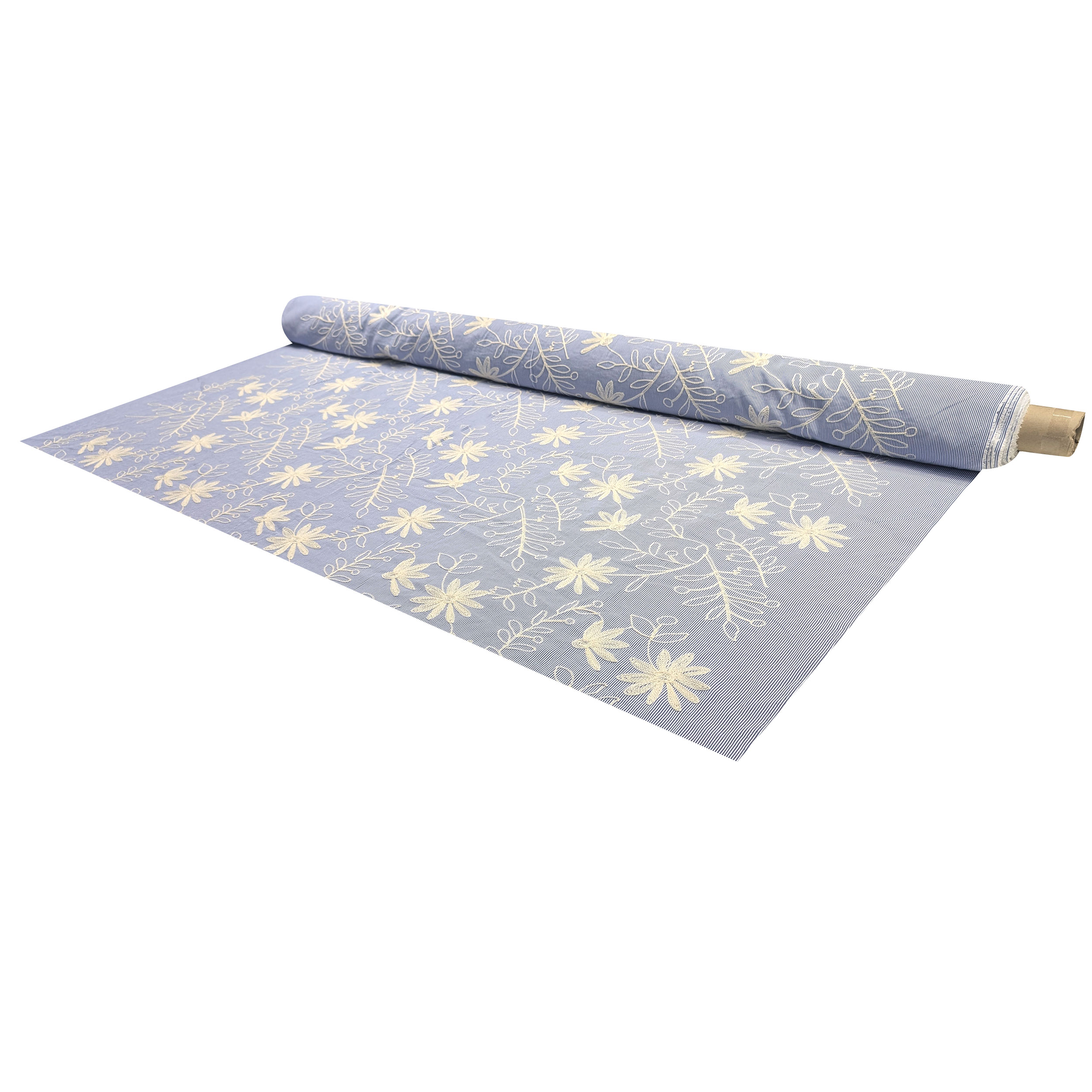 Cotone Righe Sottili Blu con Fiori Ricamati Image