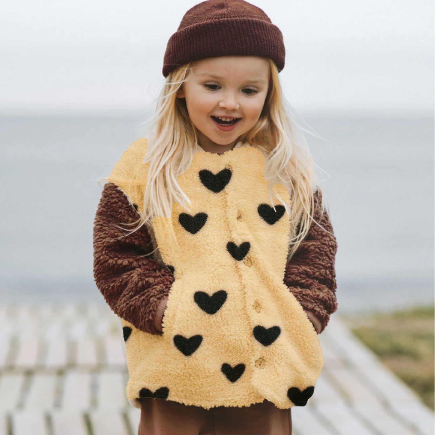 Tessuto Sherpa Beige Cuori Neri