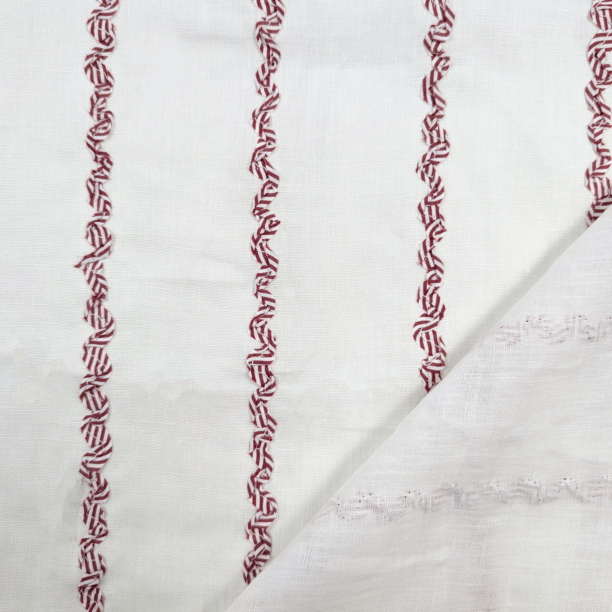 Tessuto Puro Lino Fantasia Righe Ondulate Rosse Image
