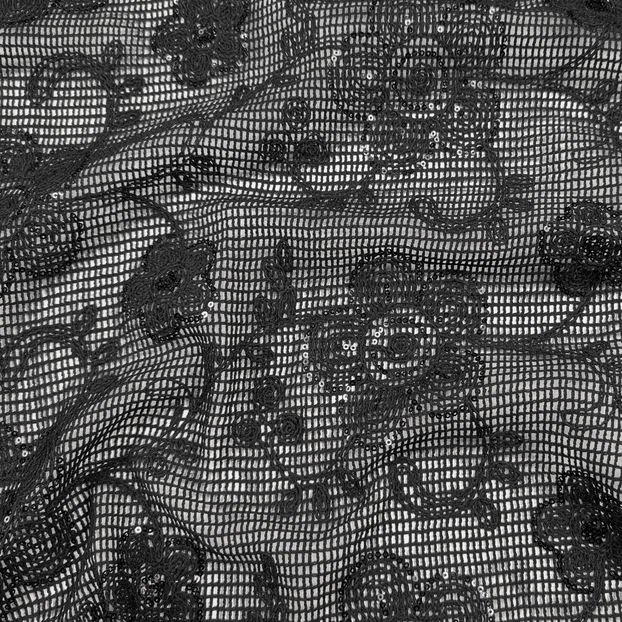 Ricamo Su Rete Nero Fiori con Paillettes Image