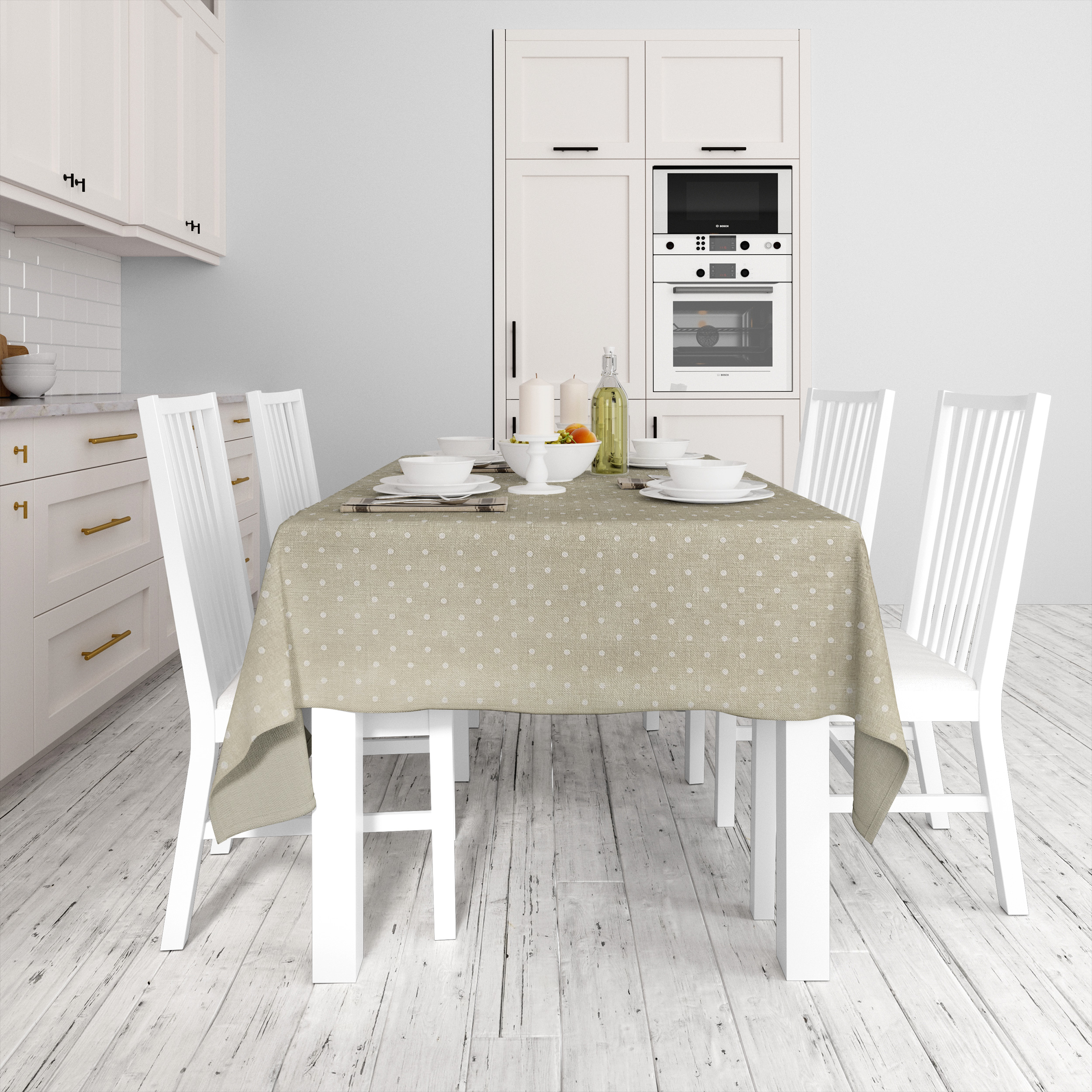 Tessuto per Tovaglia Plastificata Pois Bianchi Sfondo Beige Image