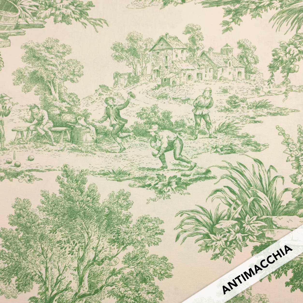 Ritaglio Tessuto Tovaglia Resinata Toile de Jouy Verde 105x140 cm Image