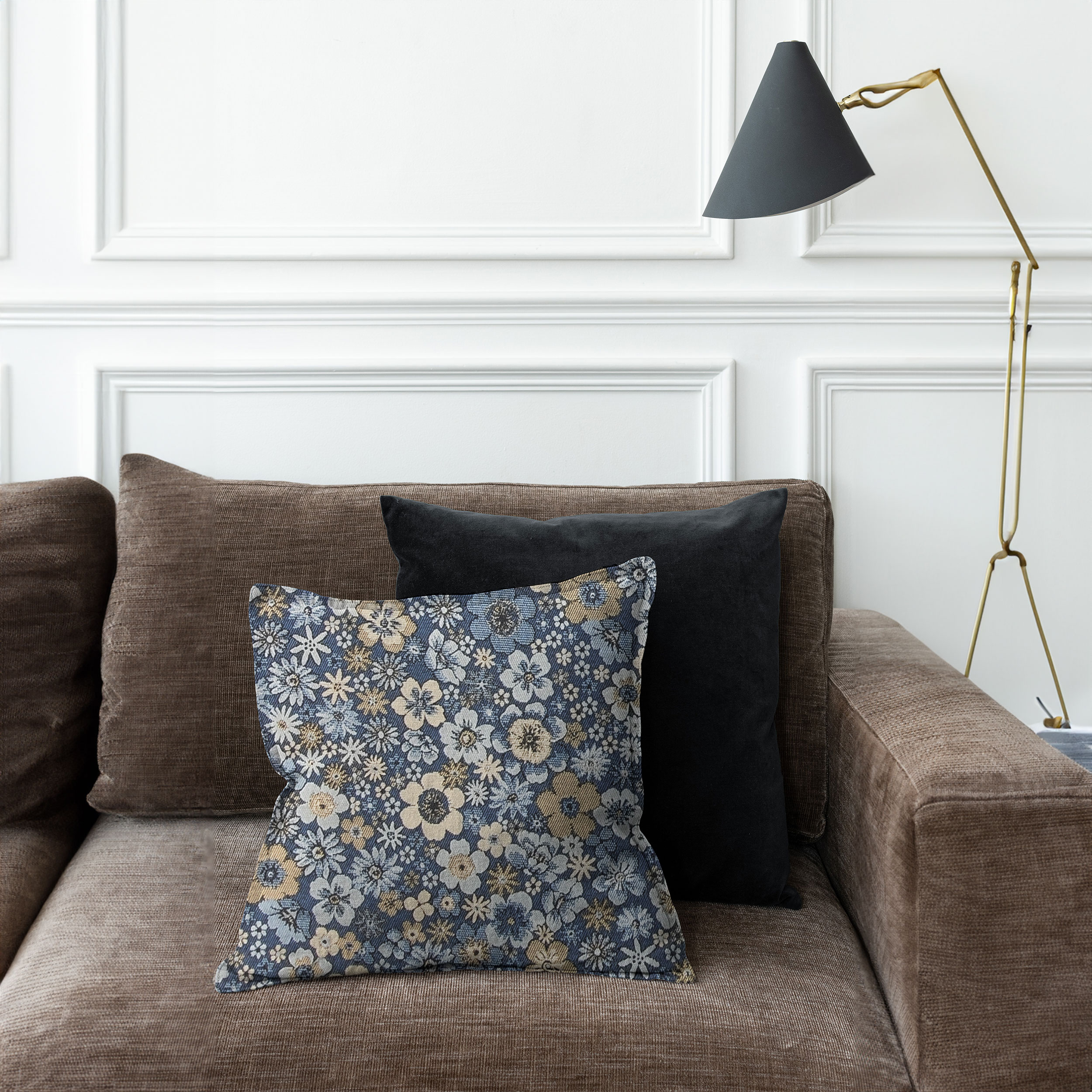 Tessuto Arredo Broccato Fiori Sfondo Avio