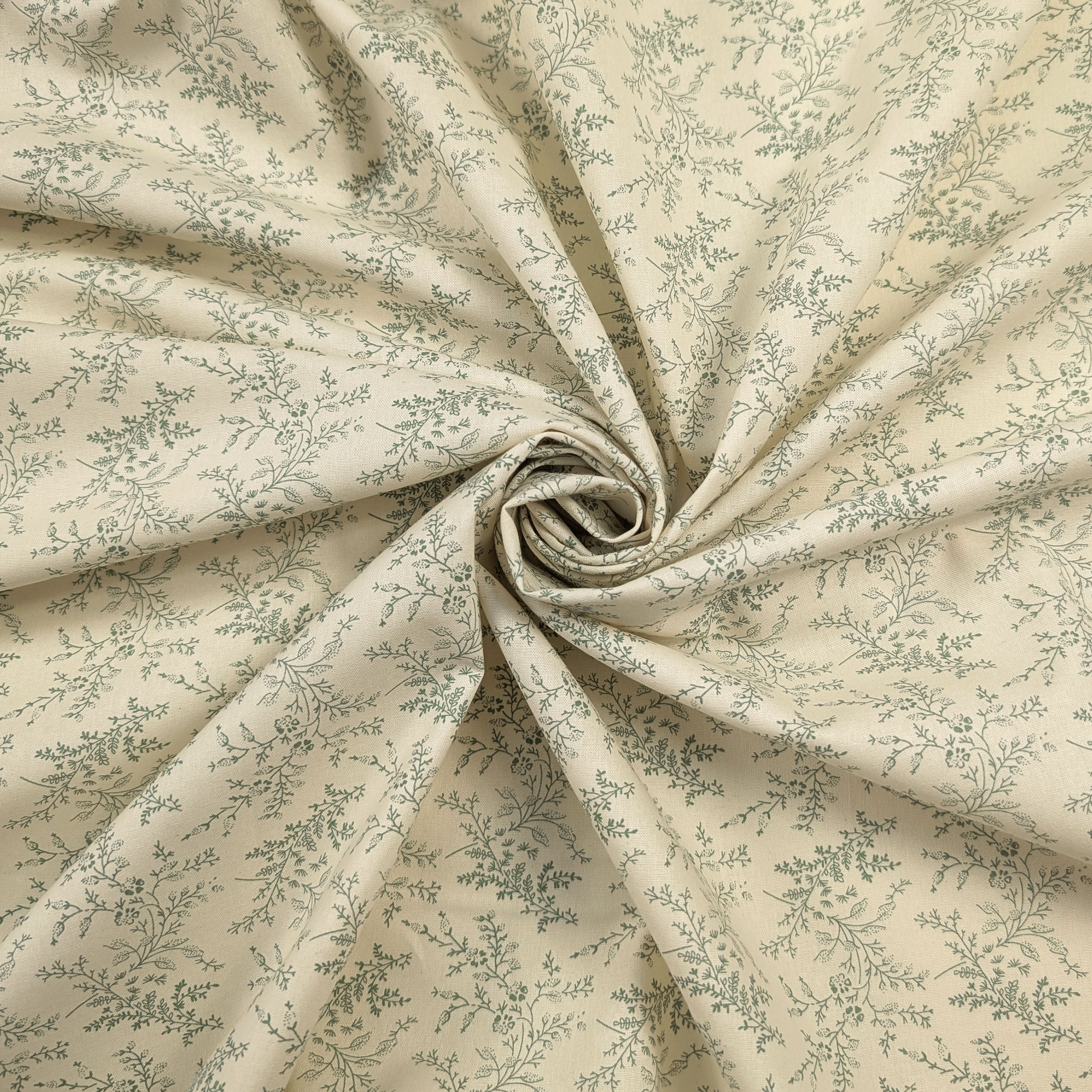 Popeline Cotone Stampa Vintage Rami e Fiori Verdi Image