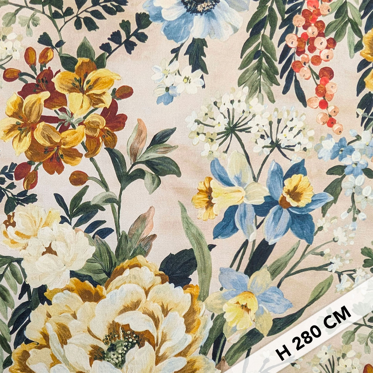 Panama Cotone Fiori Sfondo Beige H 280 cm Image