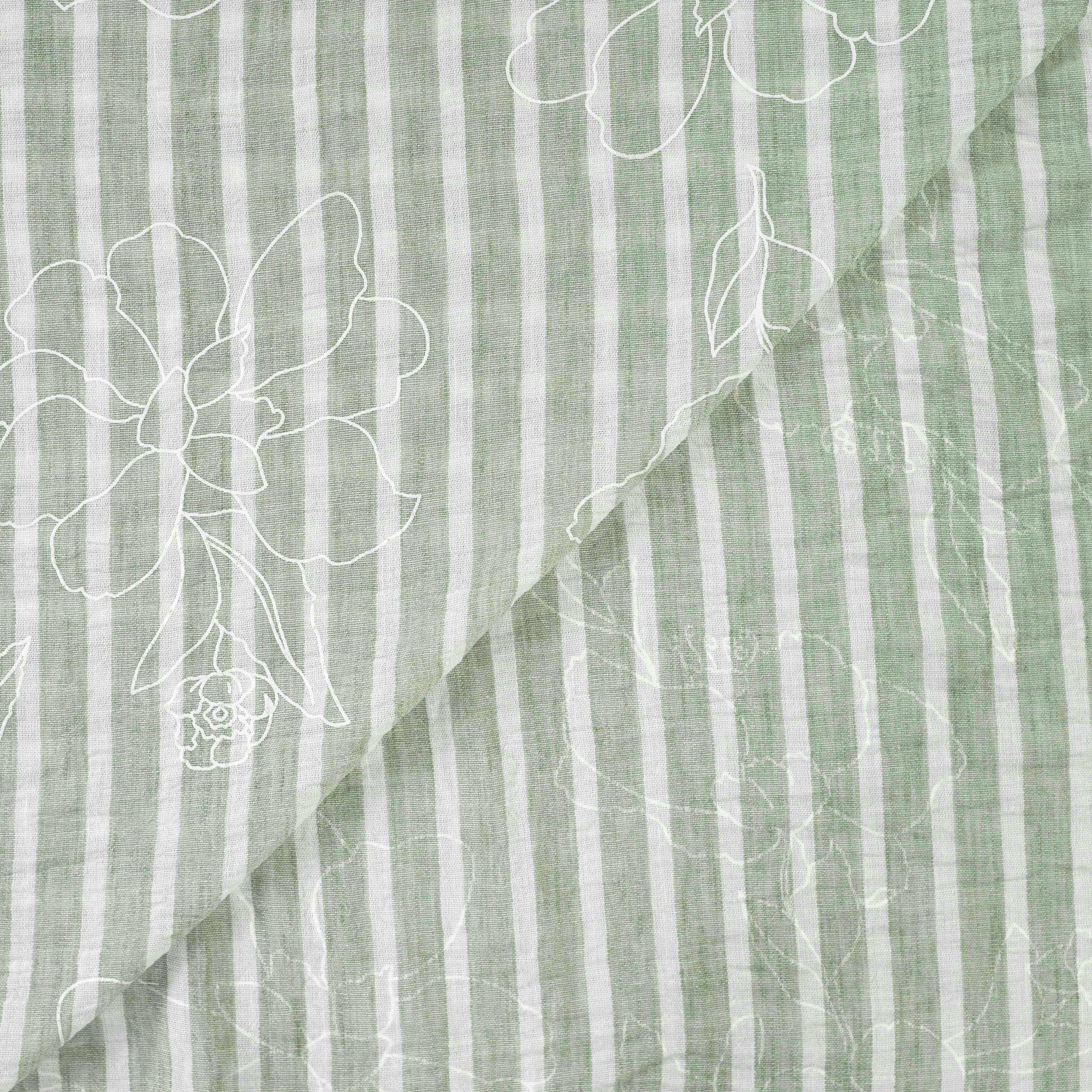 Misto Lino Righe Verdi e Bianche con Fiori Image
