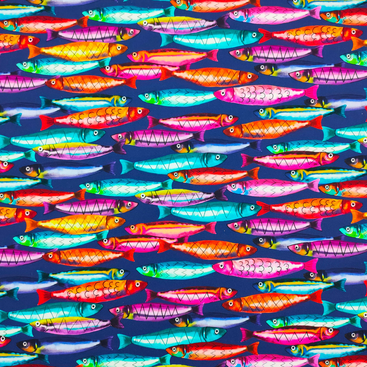 Tessuti panama stampato sardine multicolor toni blu