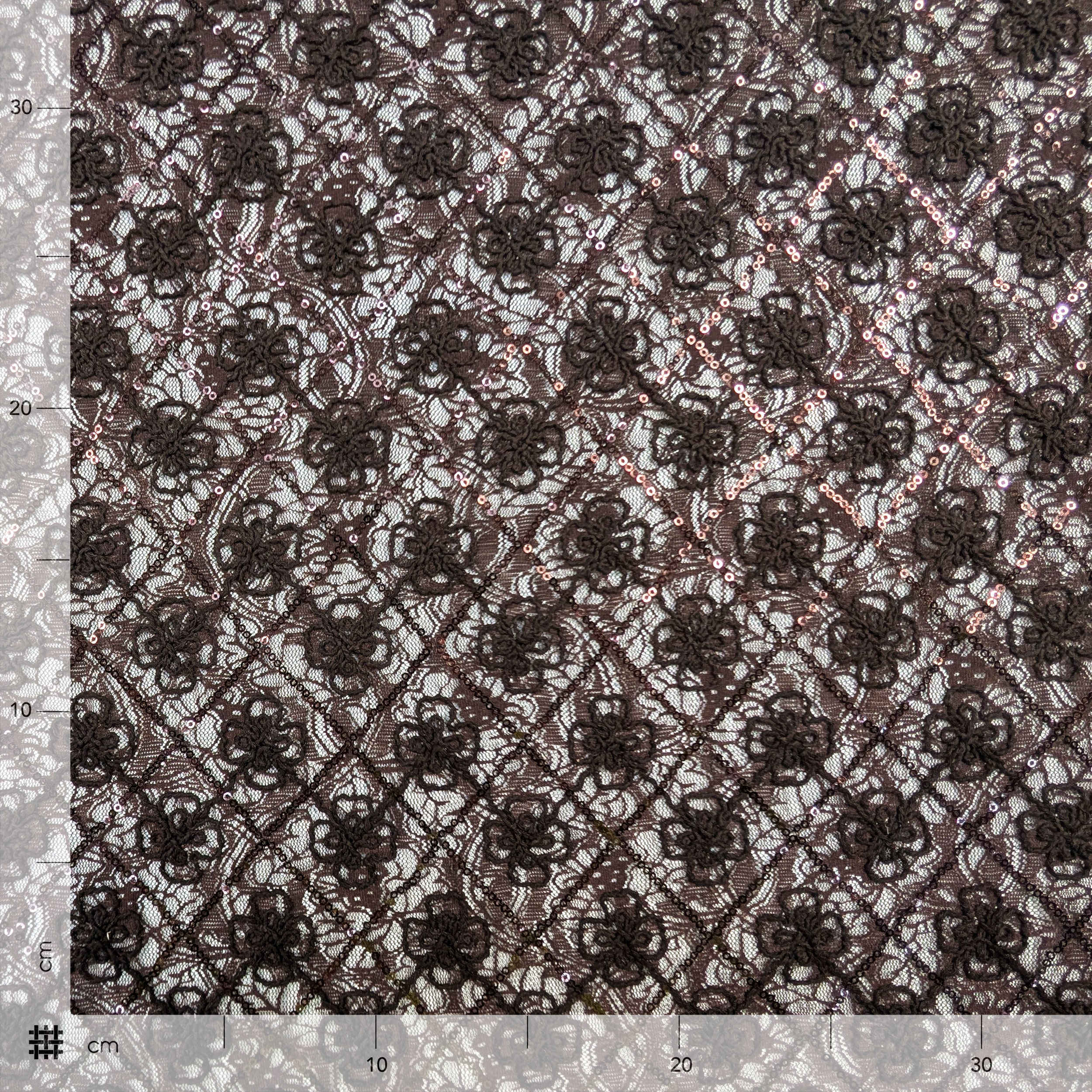 Pizzo Bielastico Fiori Ricamati e Paillettes Marrone Image