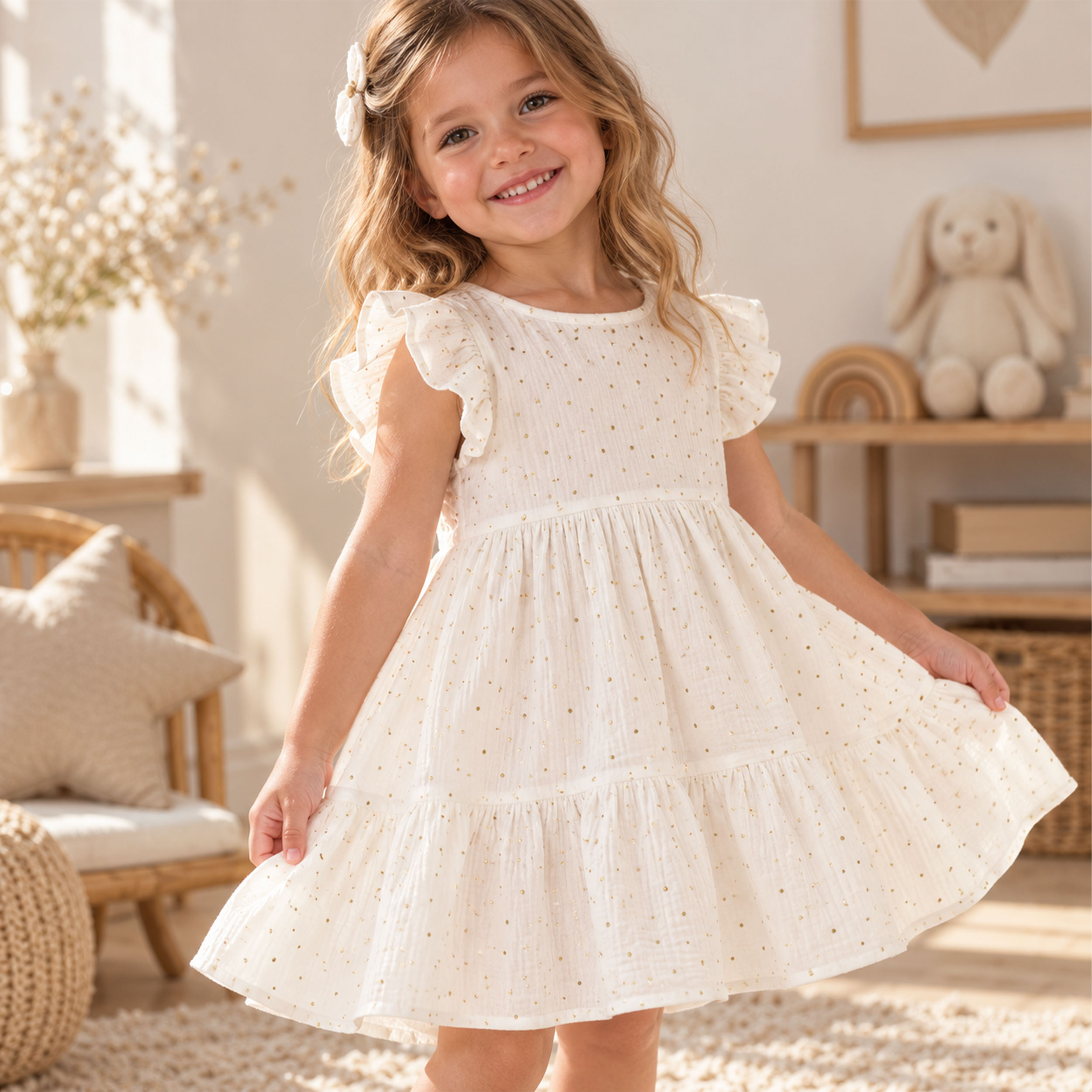 Mussola Cotone Bianco Latte con Pois Oro Image