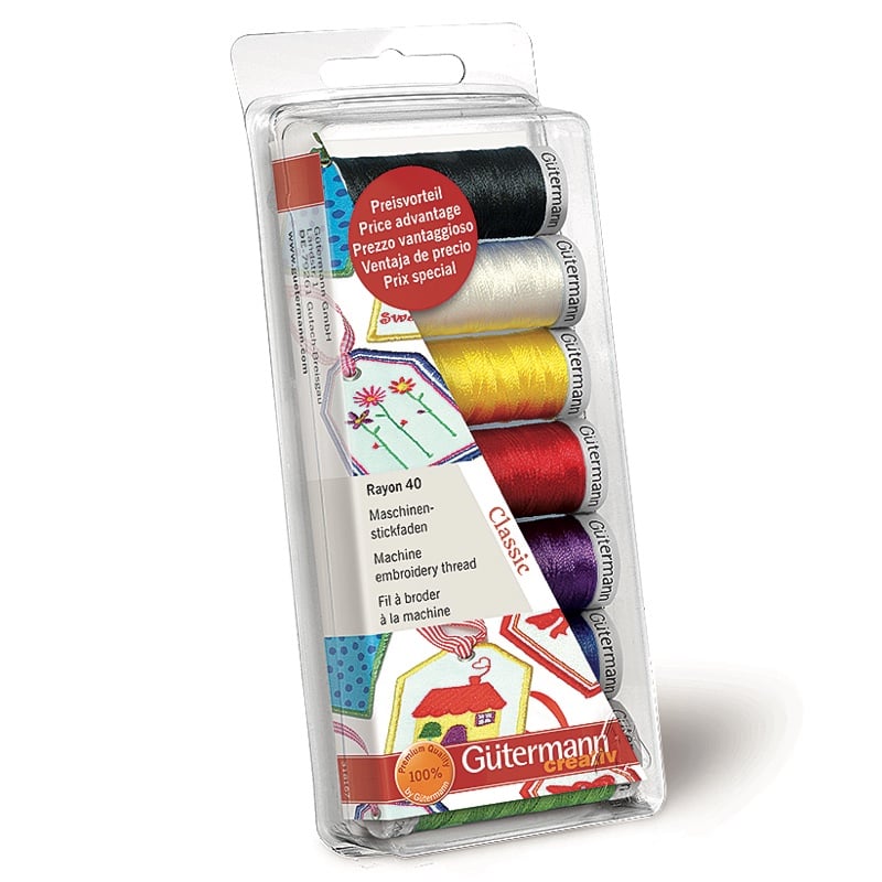 Gutermann Set 7 Bobine Classic Filo da Ricamo a Macchina Rayon 40 200 m Image