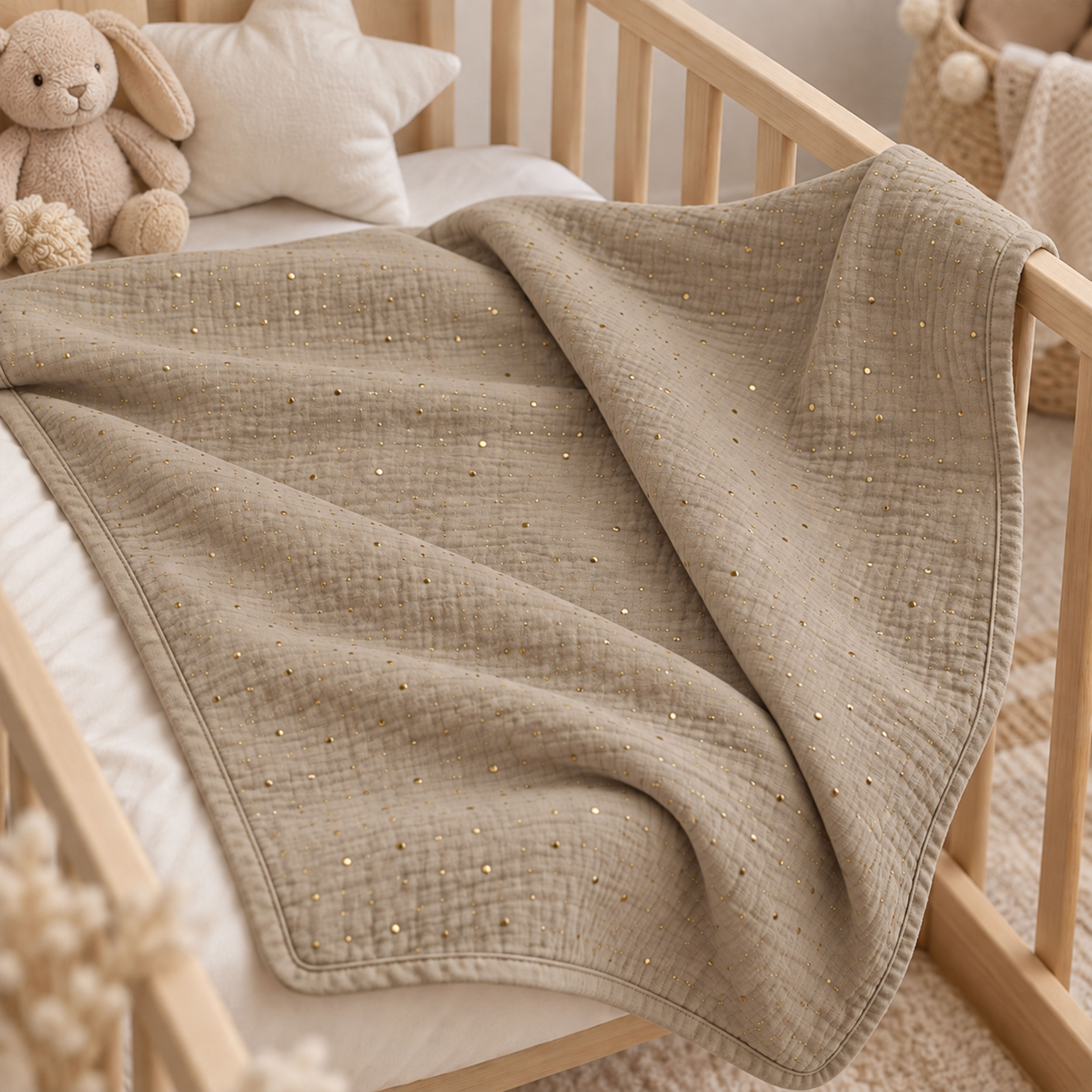 Mussola Cotone Beige con Pois Oro Image