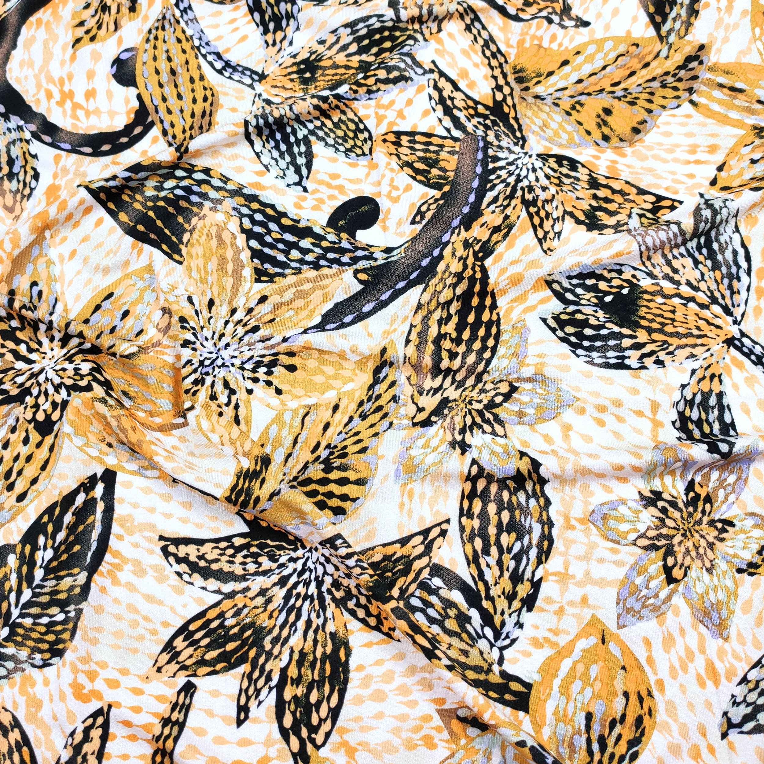 Viscosa Elasticizzata Fiori Ocra e Neri