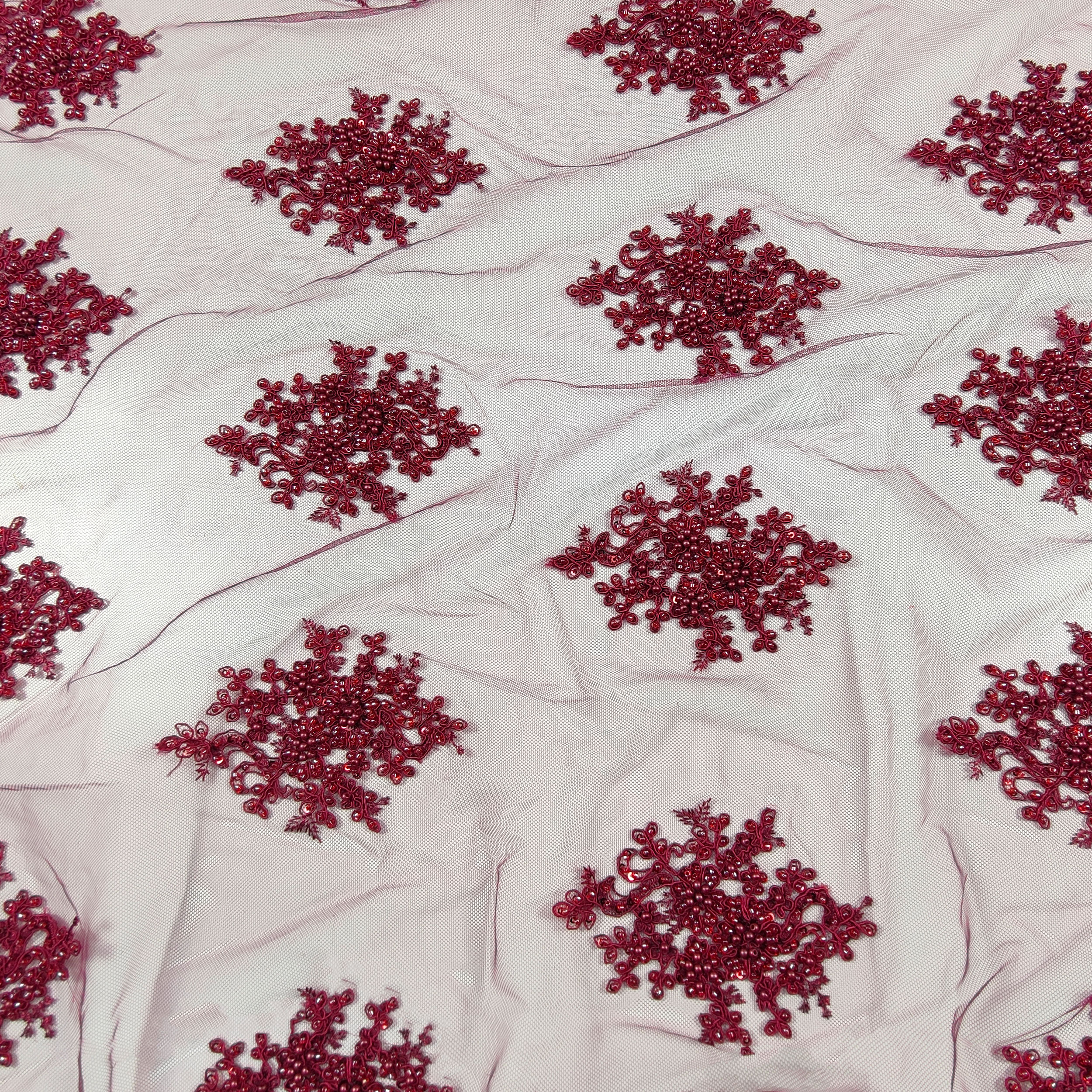 Tulle Ricamato Perline Lux Bordeaux
