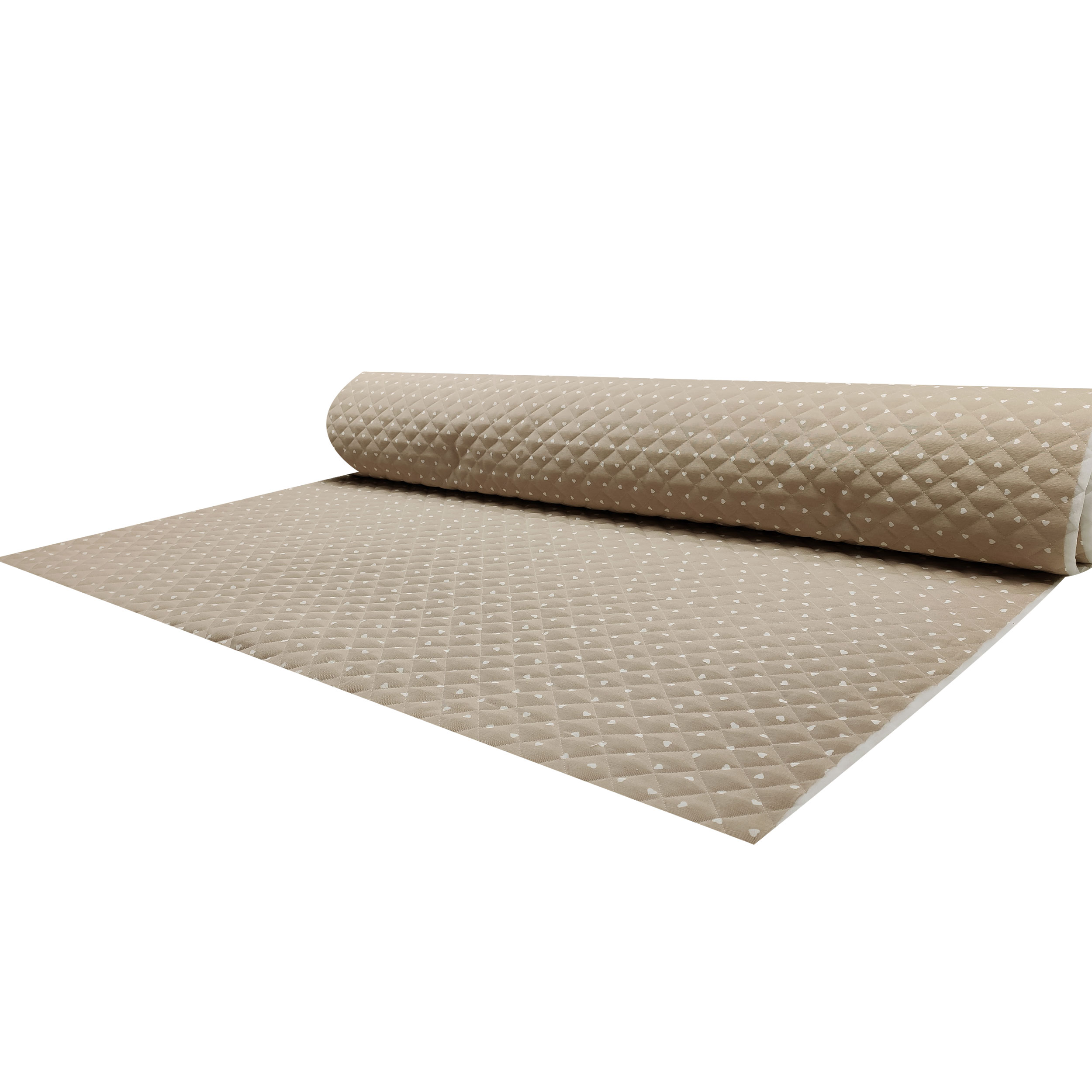 Tessuto Trapuntato Cuori Bianchi Sfondo Beige