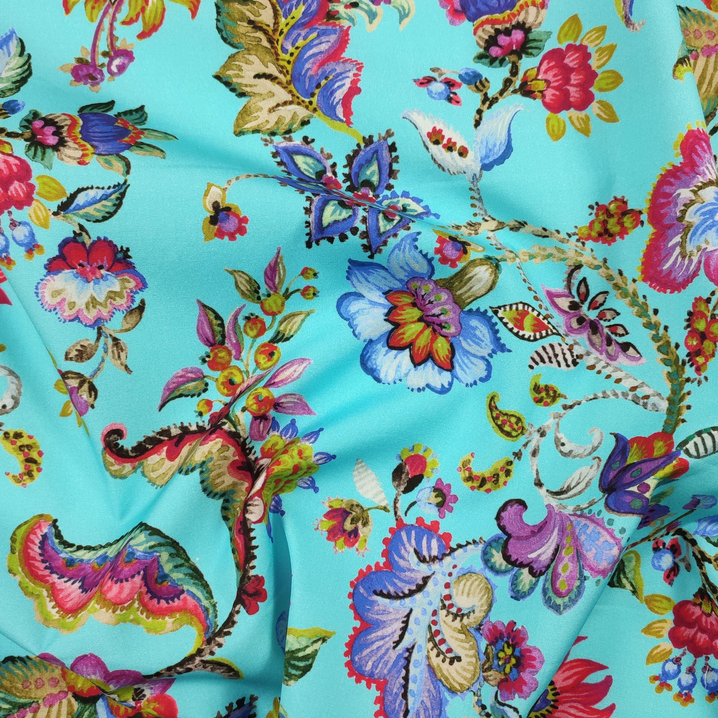 Cotone Elasticizzato Sfondo Ciano con Fiori