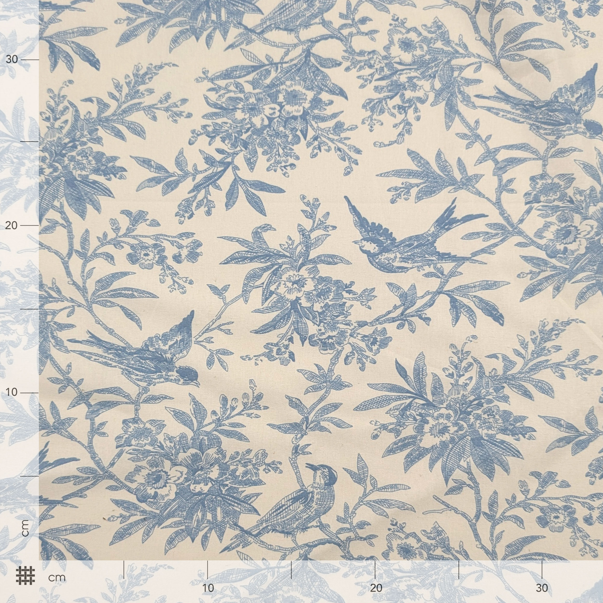 Popeline Cotone Stampa Vintage Uccellini e Rami Azzurro Image