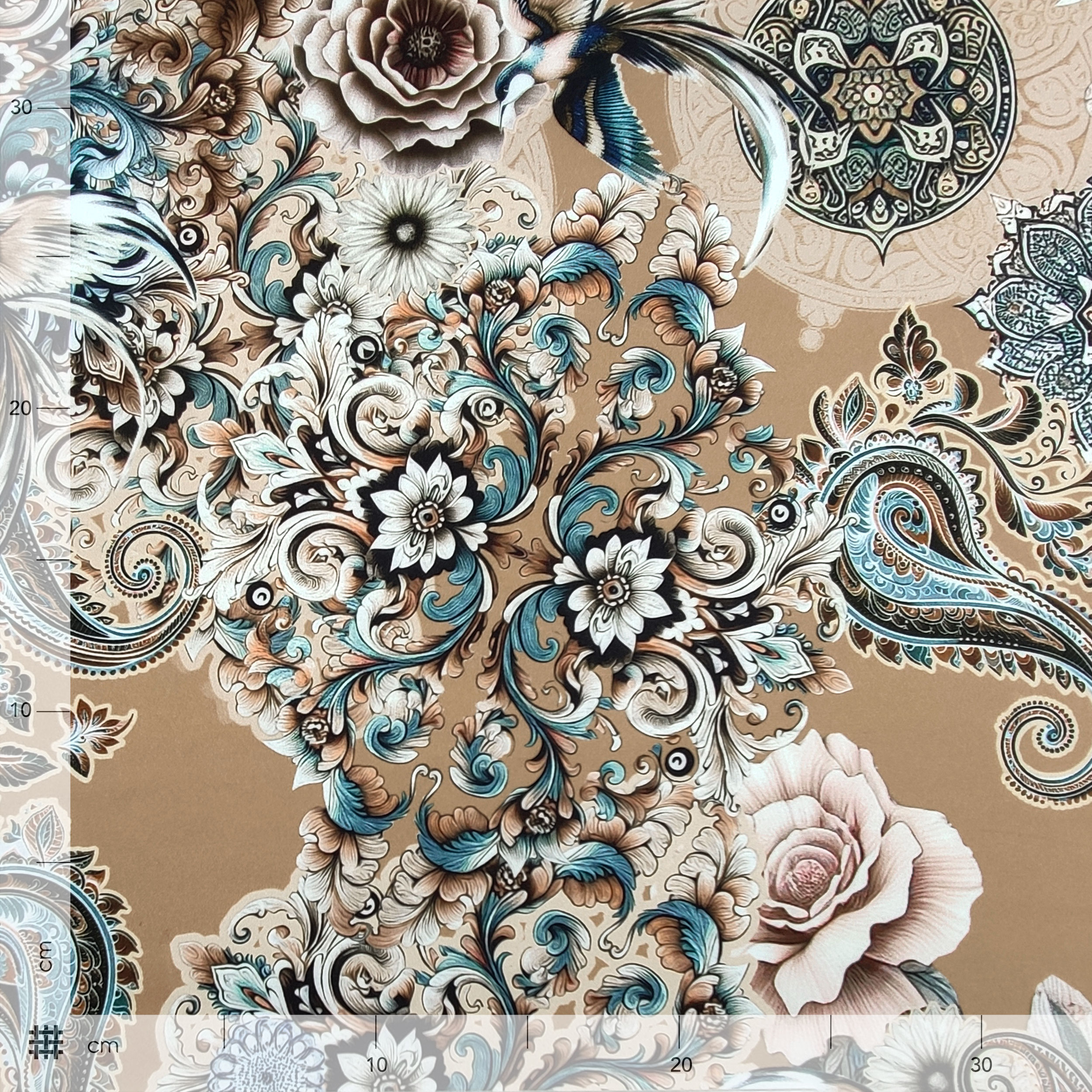 Raso Setato Alta Moda Fantasia Cachemire con Rose
