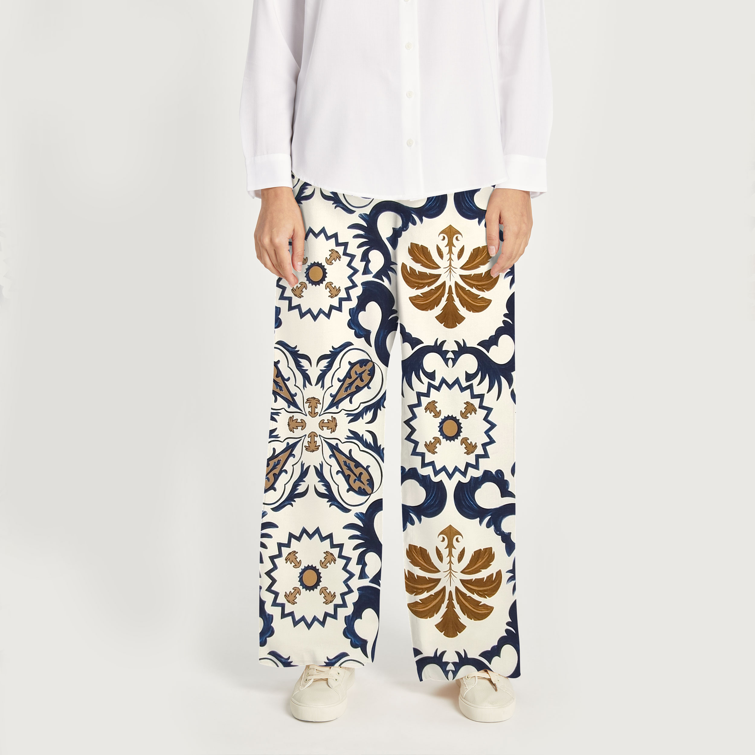 Tessuto in Cotone Fiori Arabesc Blu e Oro
