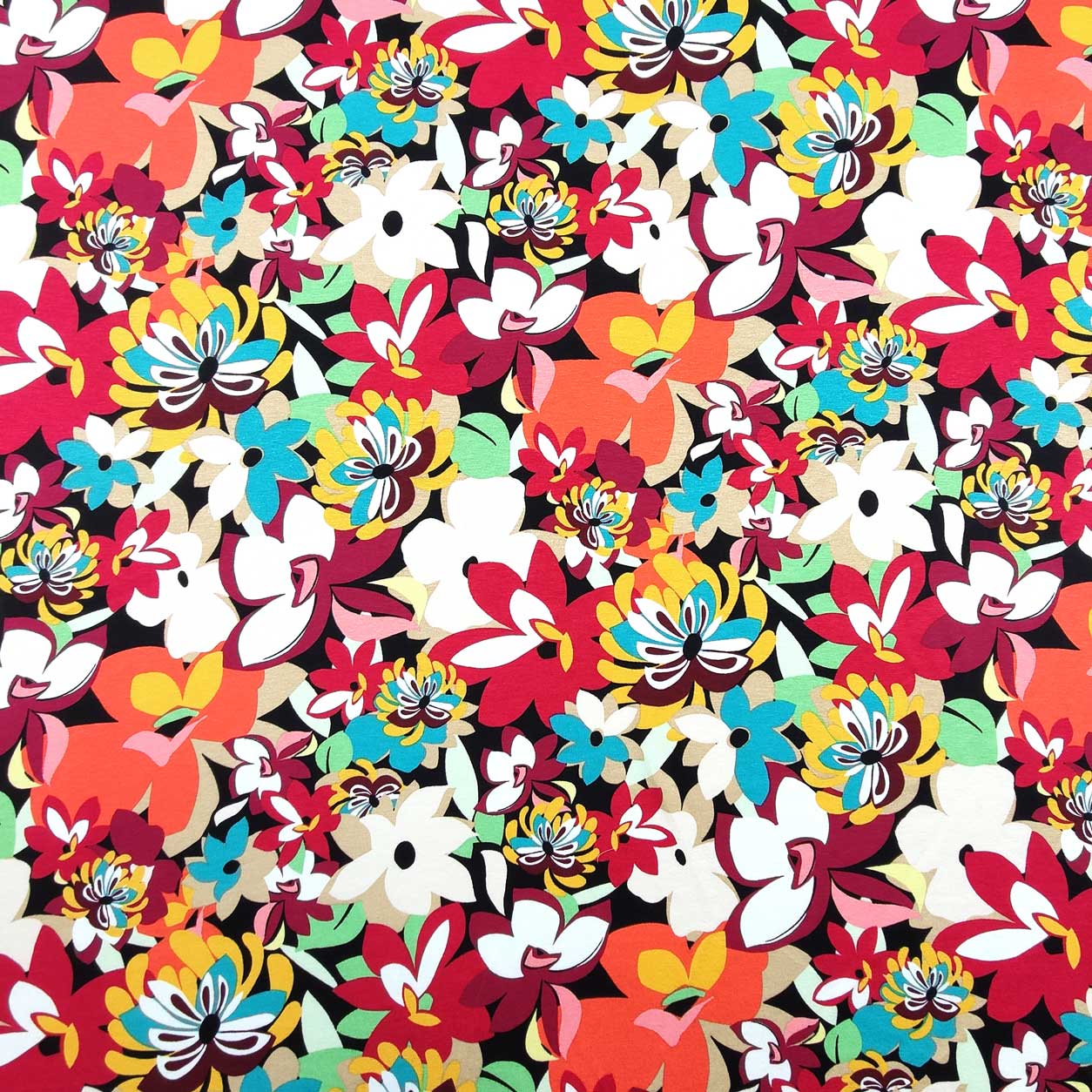 Tessuto Jersey Elasticizzato Fiori Fuxia e Arancio