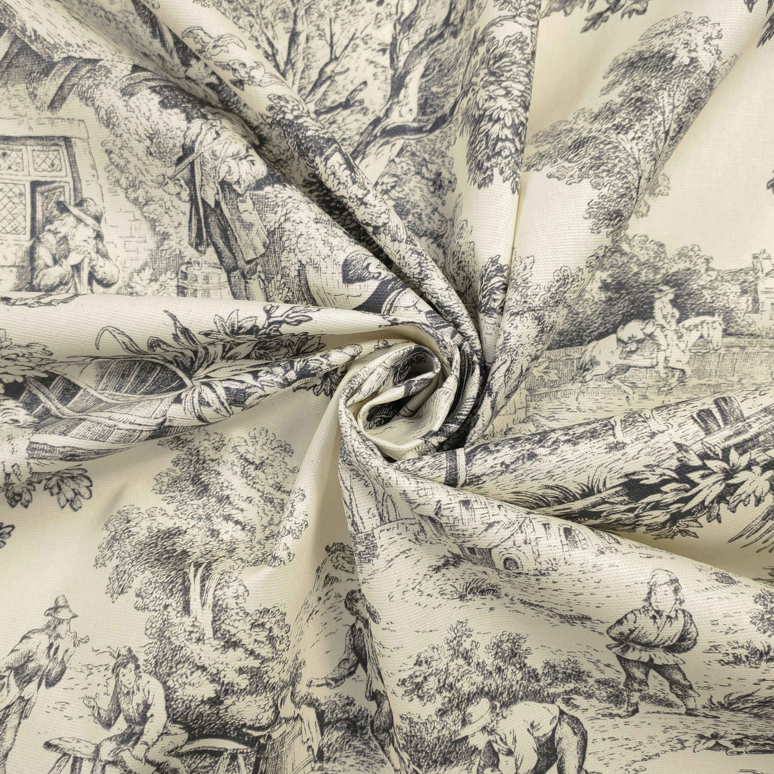 Tessuto Tovaglia Resinata Toile de Jouy Nero Sfondo Panna