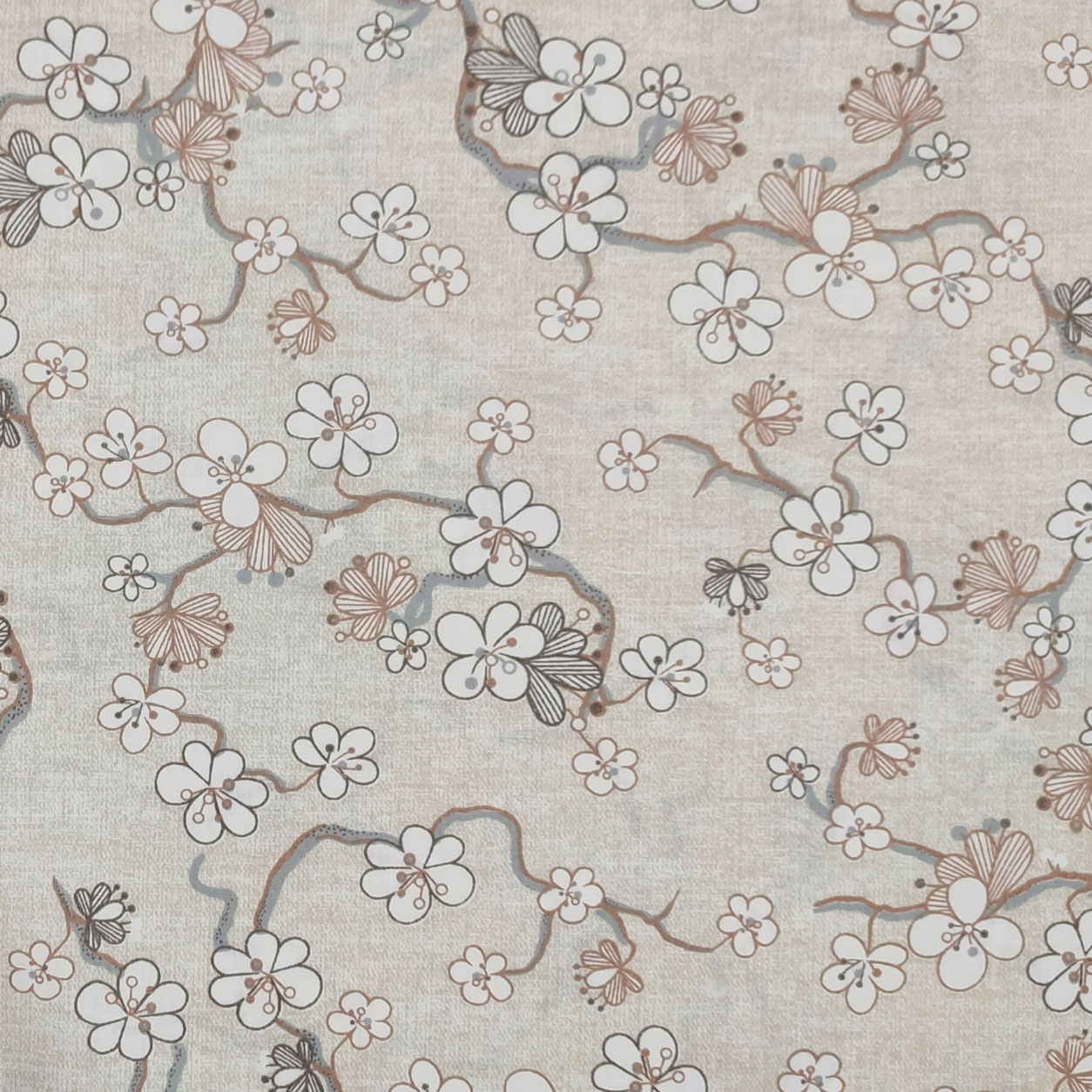 Tessuto Cotone Fantasia Fiori e Rami Sfondo Natura
