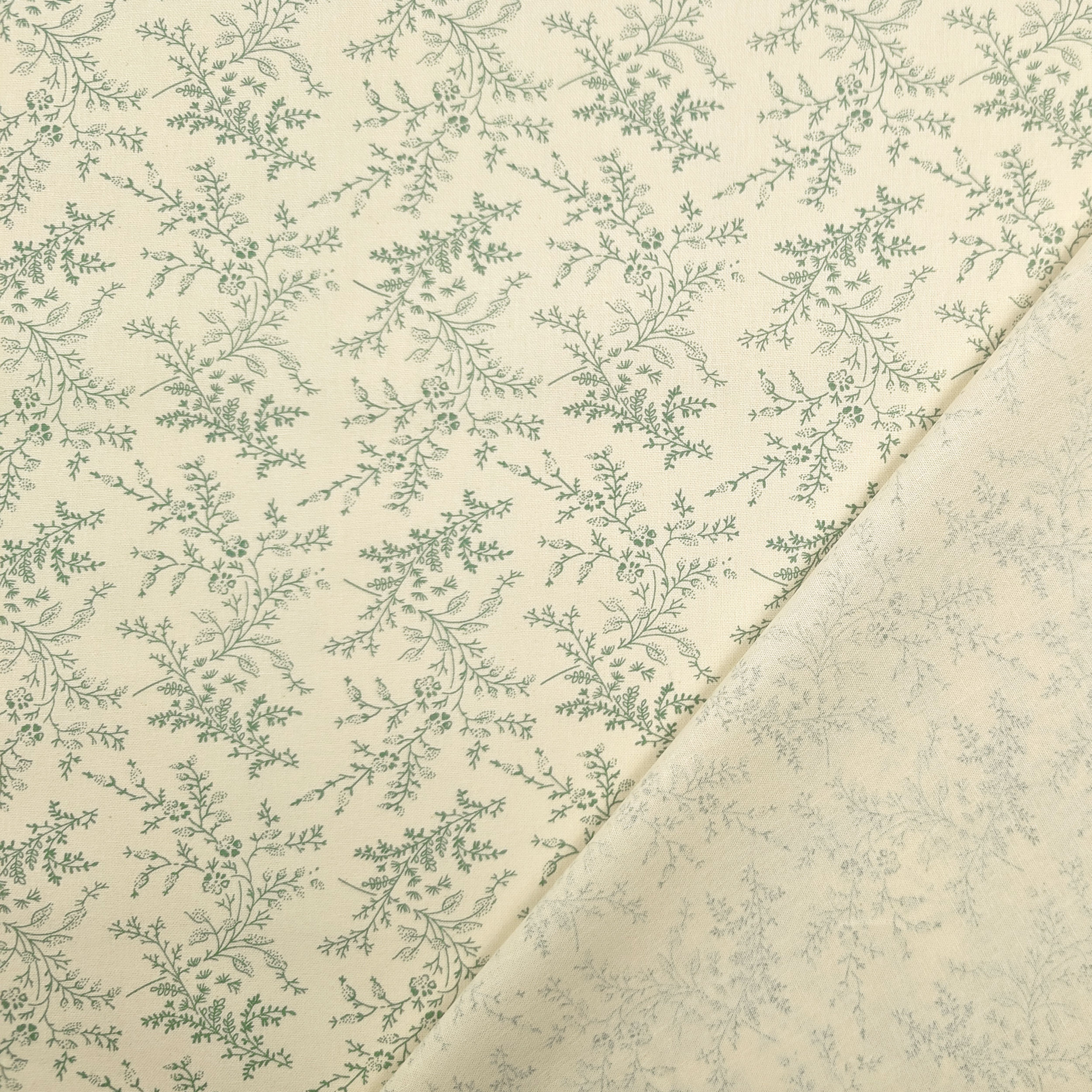 Popeline Cotone Stampa Vintage Rami e Fiori Verdi Image