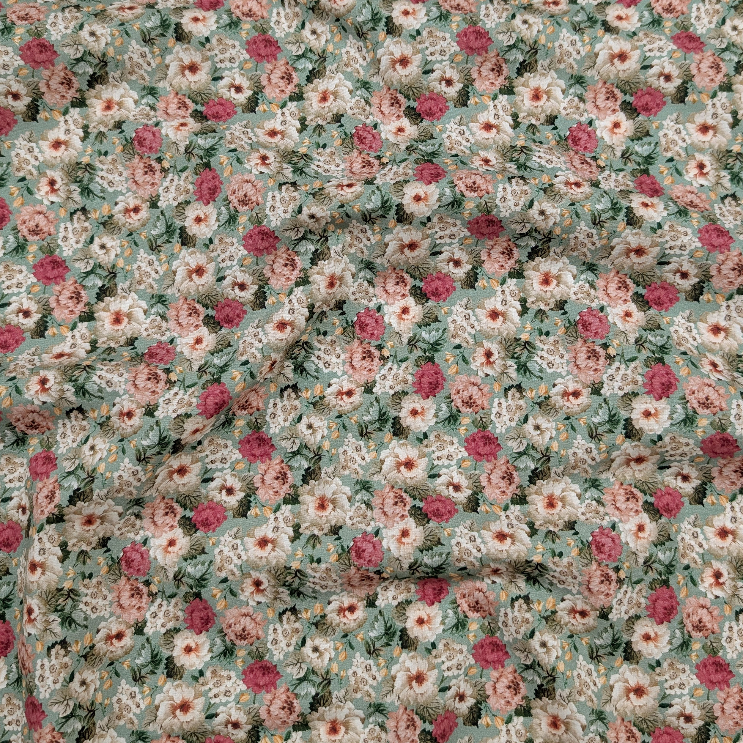 Popeline Cotone Bouquet Romantico Verde Image